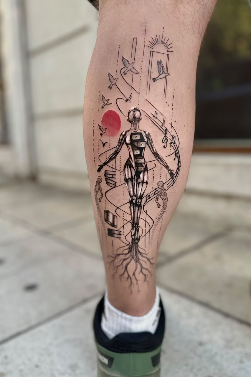 Compoziție grafică cu figură, păsări și soare roșu pe gambă, Denissa, guest artist Ace Tattoo București