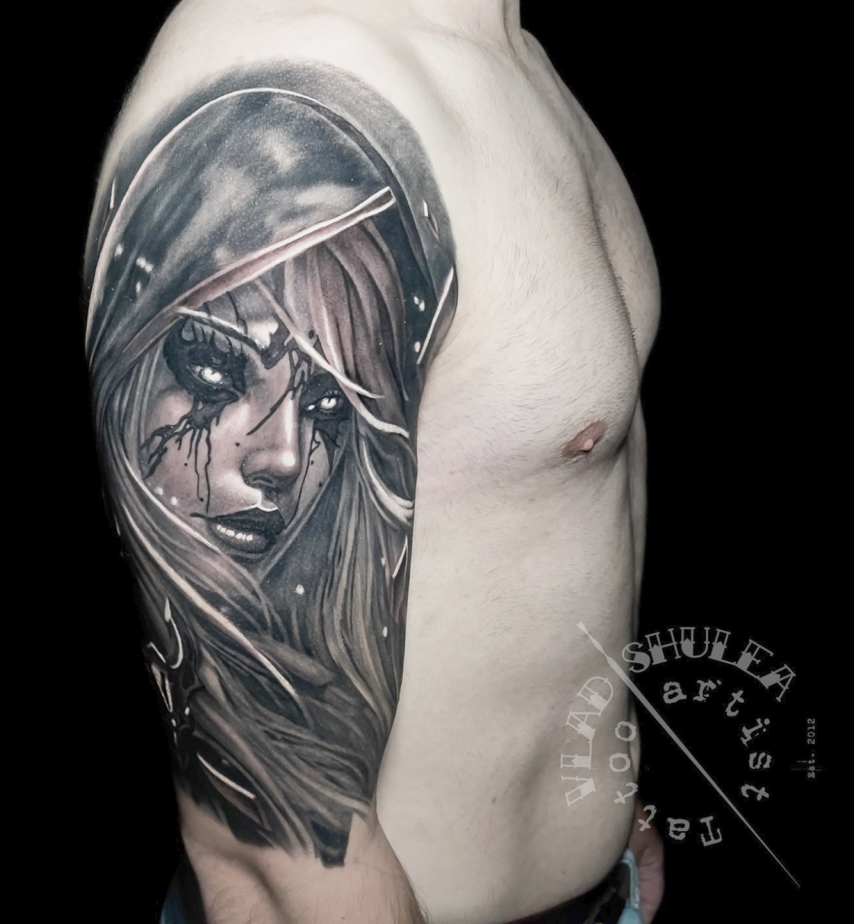 Portret realist de femeie războinic pe braț, black and grey, Vlad Shulea, Ace Tattoo București